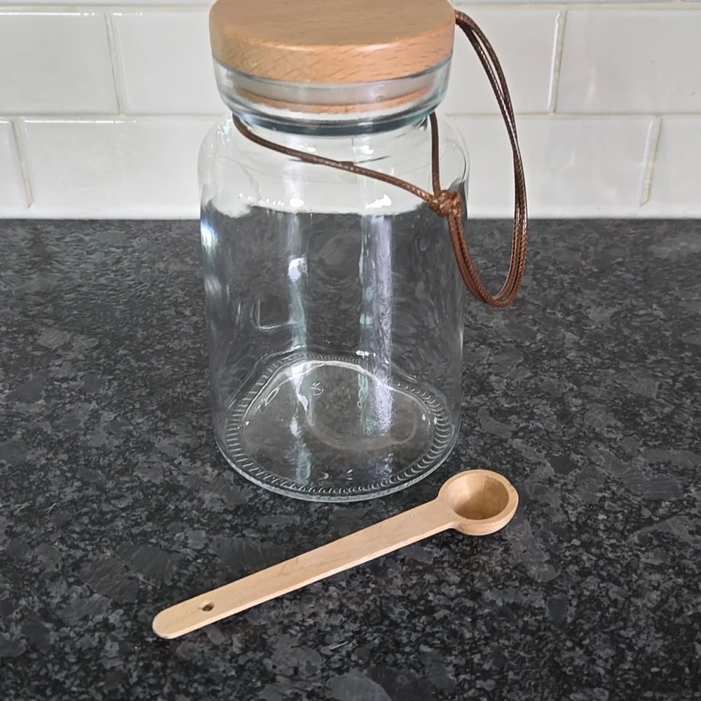 Target Brand Glass Bath Salt Jar with Wood Lid & attached Wooden Spoon